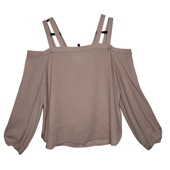 BCBGMAXAZRIA Tina Bare Pink Woven Exposed Shoulder Subtle balloon sleeve top Lg - Picture 4 of 9